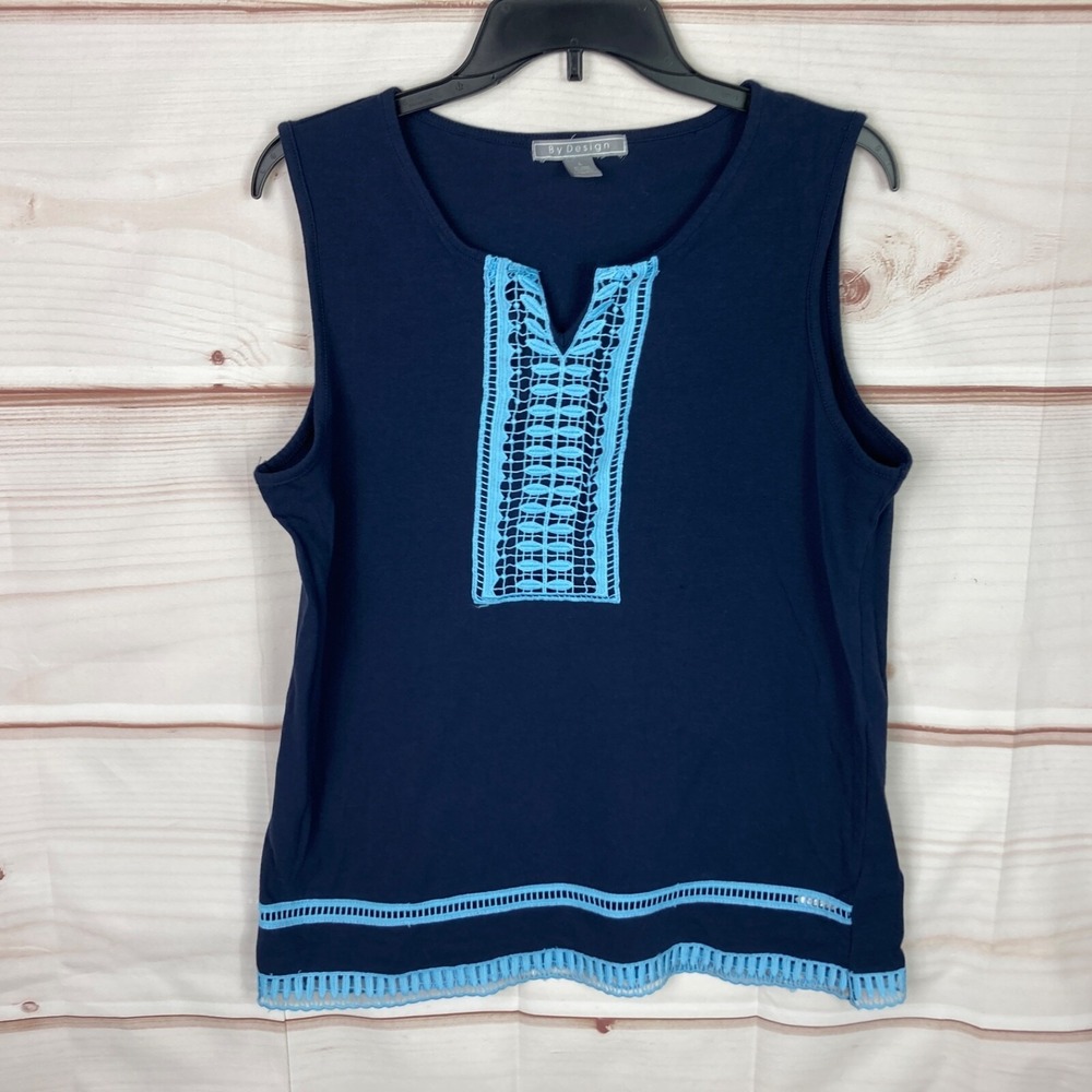 By Design Top Womens L Blue Tank Crochet Trim Sleeveless Solid Cotton Stretch